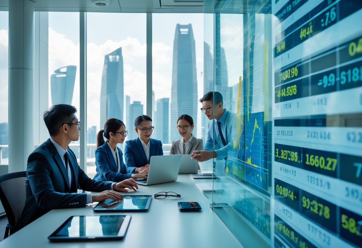 A group of professionals analyzing data and graphs in a modern office with a view of a city skyline.