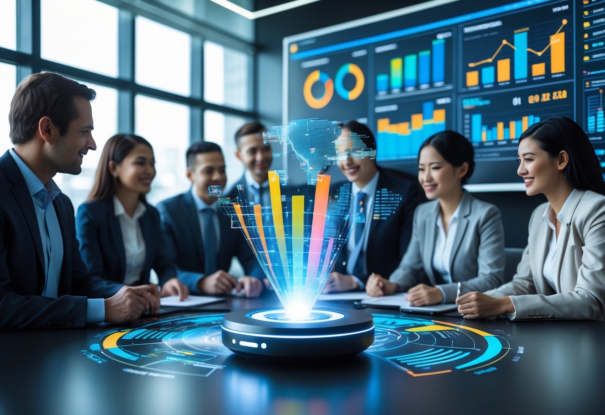 Business professionals in an office analyzing futuristic 4D data projections on a digital screen.