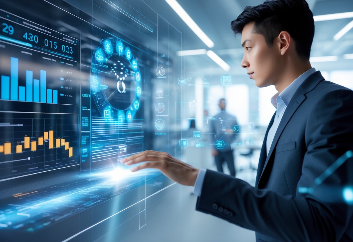 A person interacting with futuristic holographic screens showing data charts and numbers in a modern office setting.