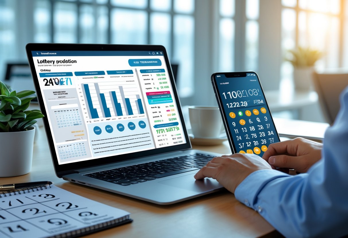 A modern workspace with a laptop, notepad, coffee cup, and smartphone displaying lottery prediction data.