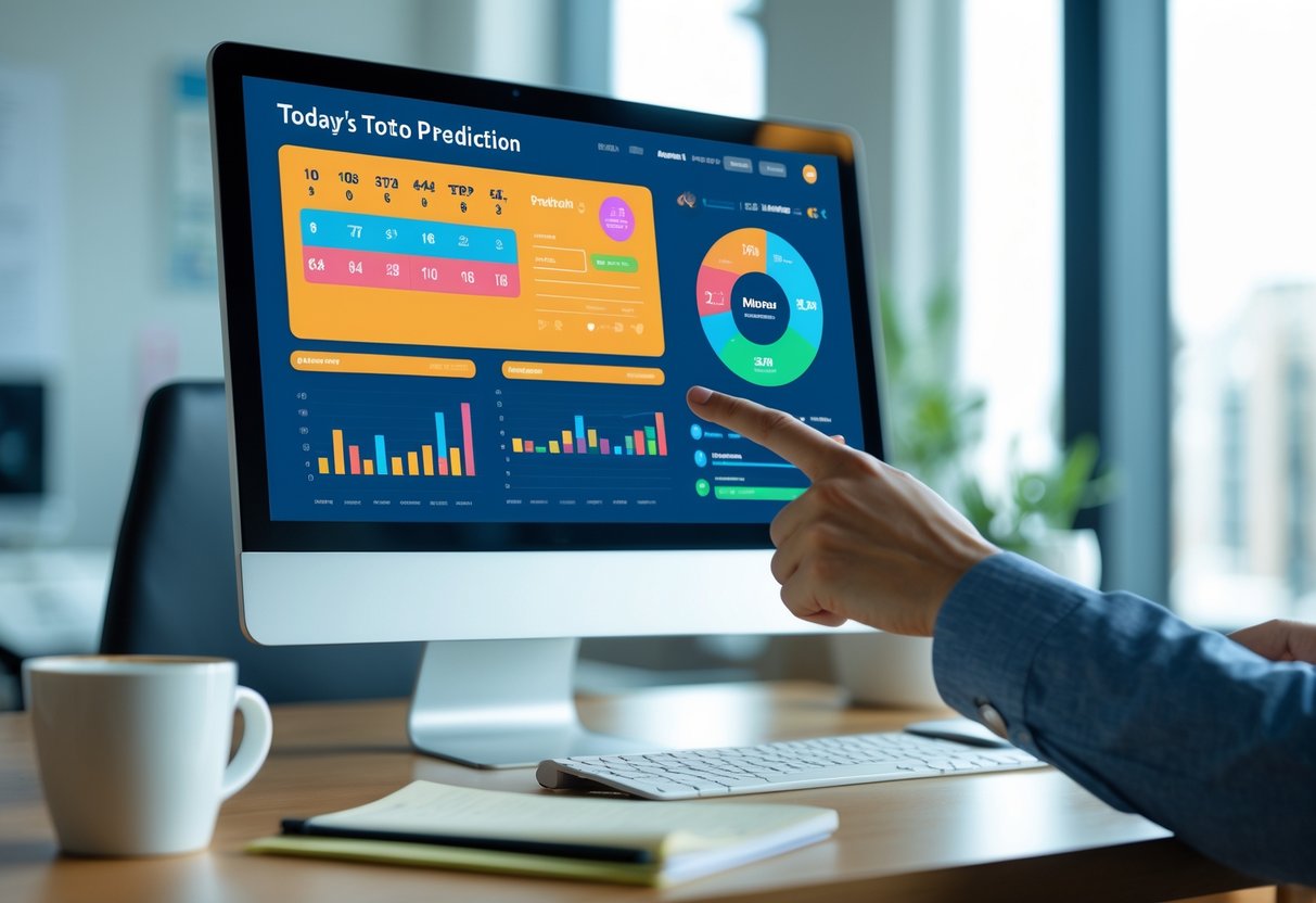 A person pointing at a computer screen displaying colorful lottery prediction charts in a bright office workspace.
