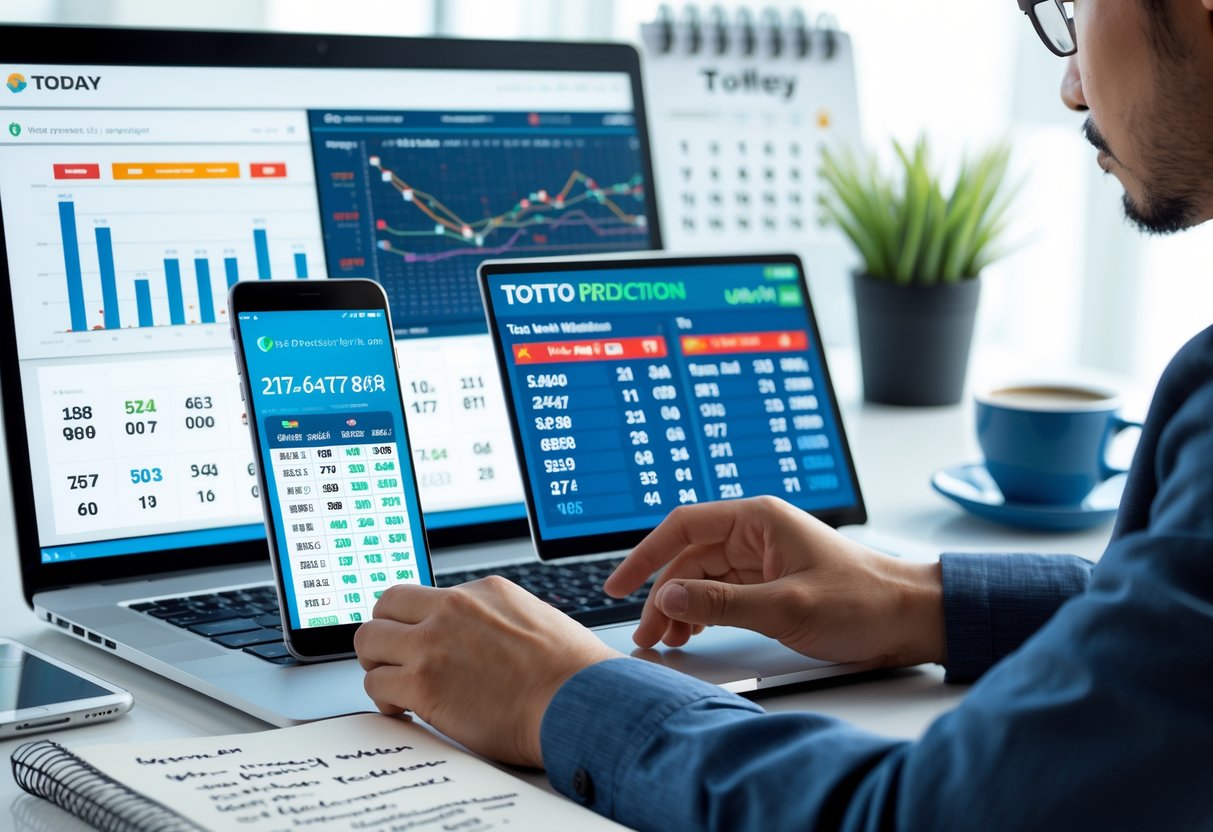 A person analyzing multiple digital screens with data and charts in a modern workspace focused on lottery prediction.