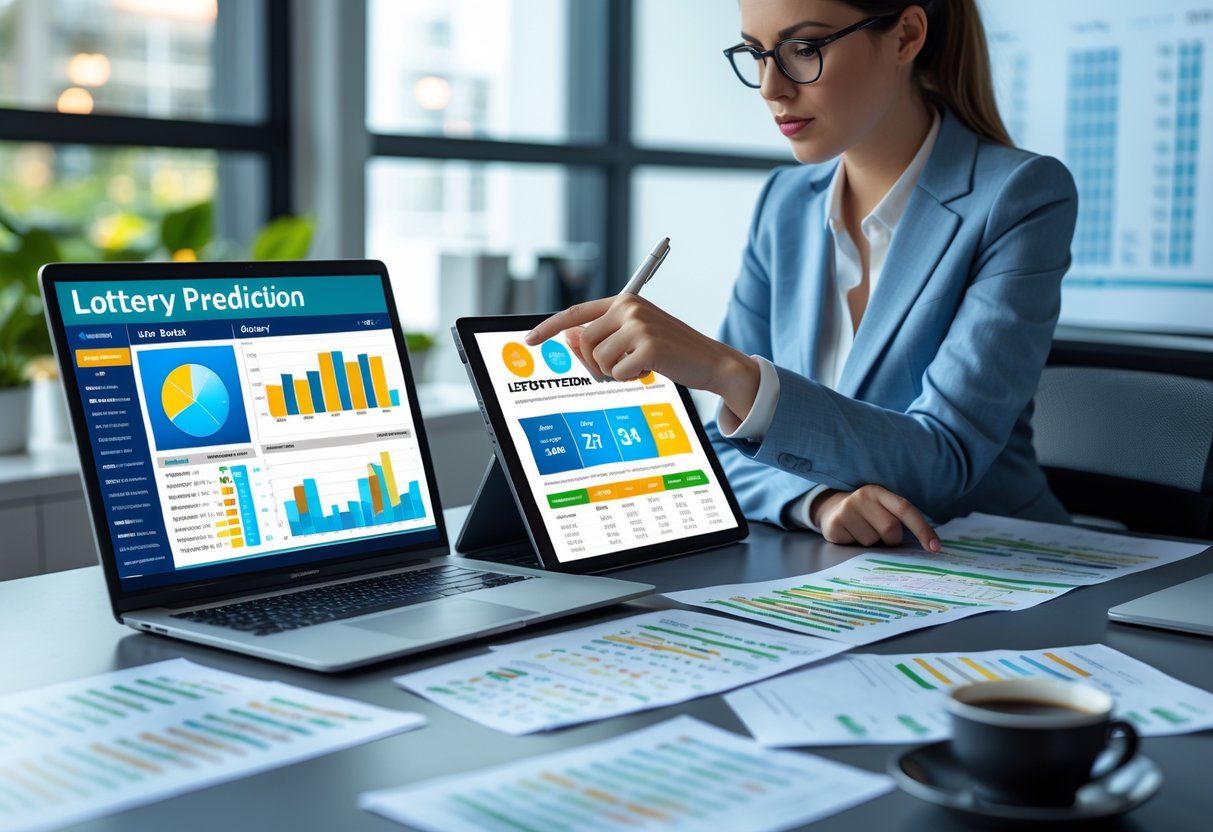 A person analyzing lottery statistics and charts on digital devices in a bright office setting.