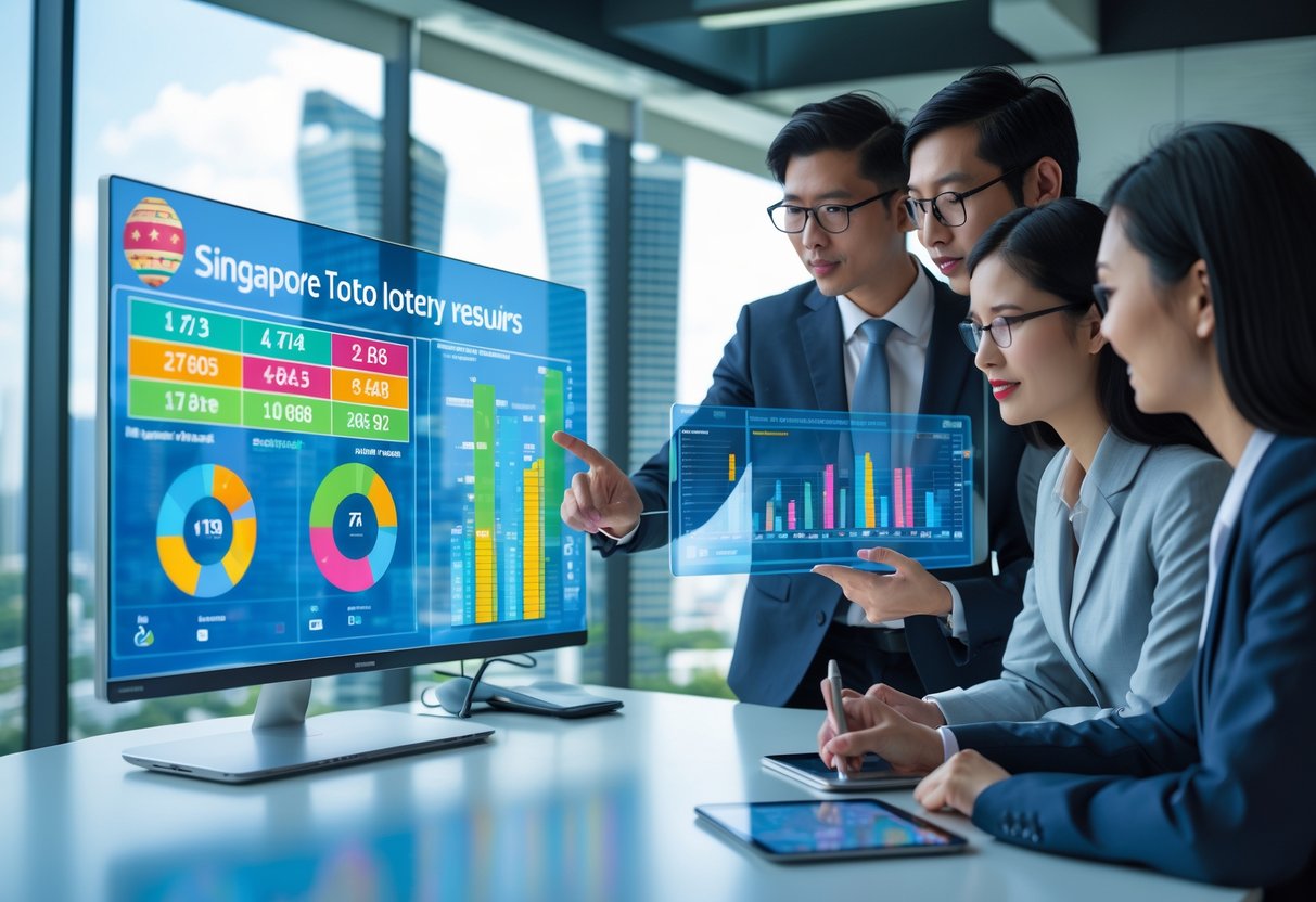 A group of professionals analyzing lottery data on digital screens in an office with a city view of Singapore.