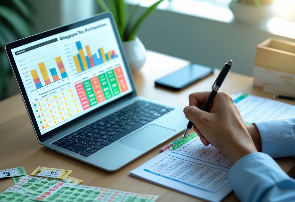 A person analyzing lottery data with charts on a laptop, notes, and lottery tickets on a desk.