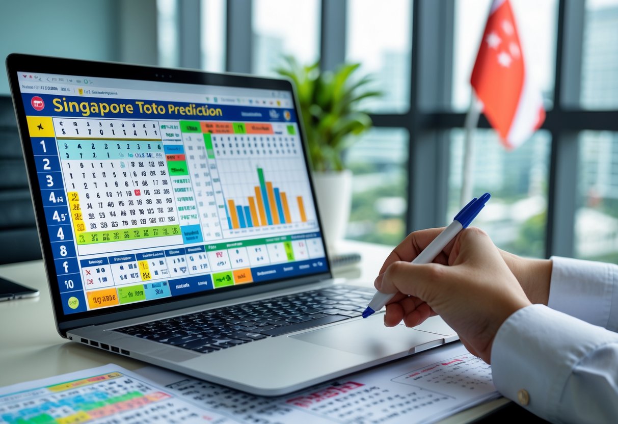 A person analyzing lottery number charts and data at a modern workspace with a laptop and printed sheets, with a Singapore cityscape visible through a window.