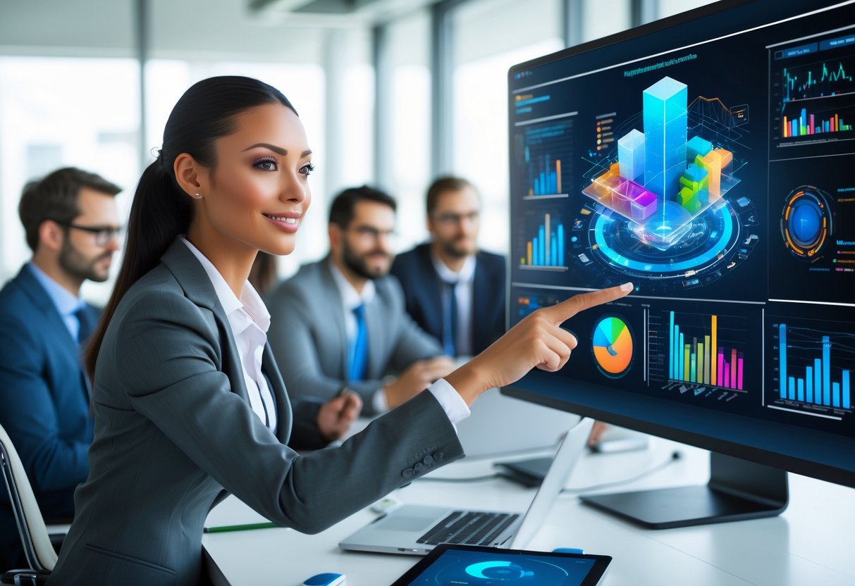 A group of business professionals collaborating around a table with a large digital screen showing 3D data visualizations and charts.