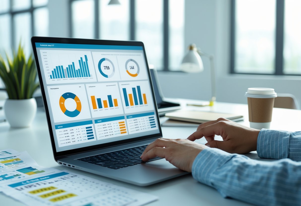 A person working on a laptop with charts and notes related to number prediction in a bright office.