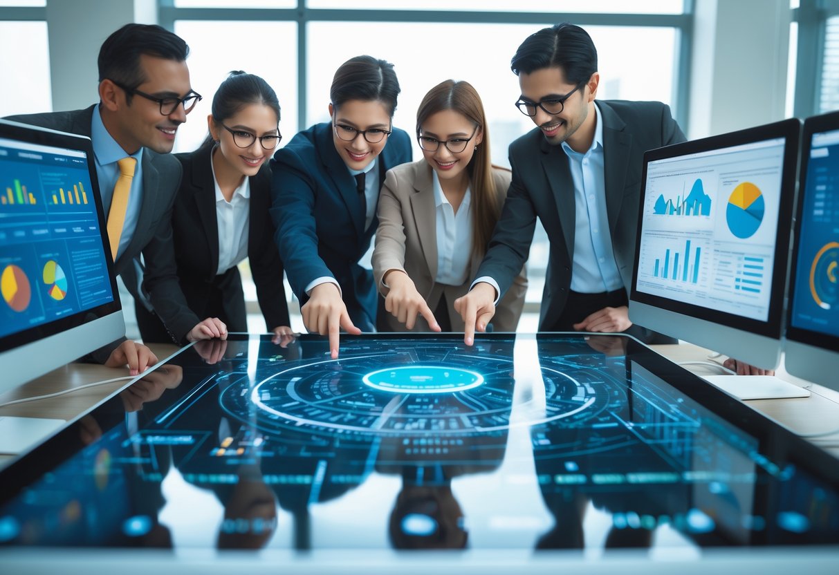 A group of professionals collaborating around a digital touchscreen table displaying data visualizations in a bright office.