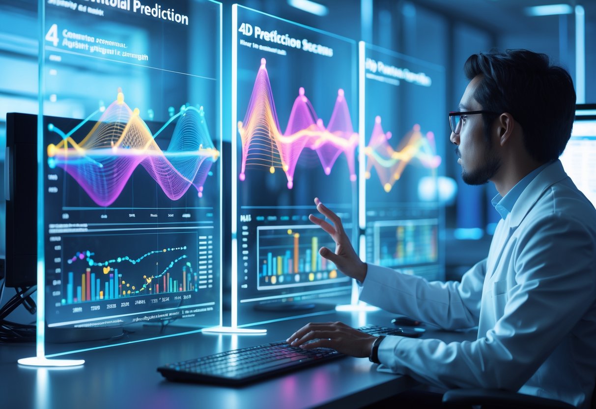 A researcher interacting with holographic 3D graphs and data displays representing four-dimensional predictions in a high-tech laboratory.