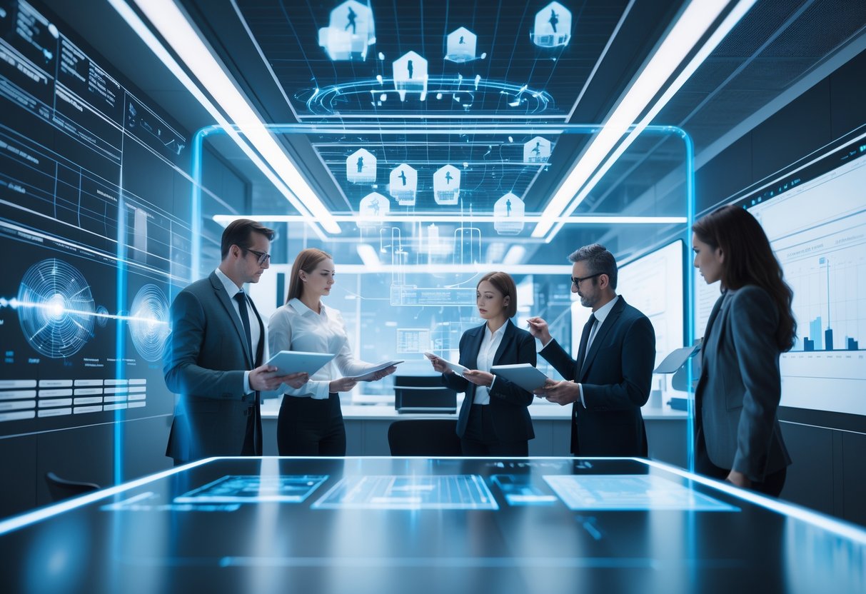 A group of professionals analyzing futuristic holographic 3D and 4D data visualizations in a modern office.