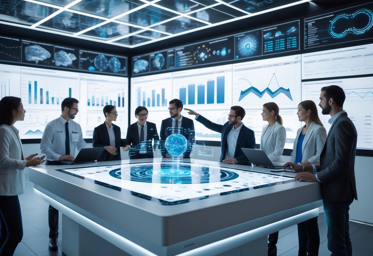 A group of scientists and analysts collaborating around a digital table displaying complex 3D and 4D data visualizations in a modern, high-tech workspace.