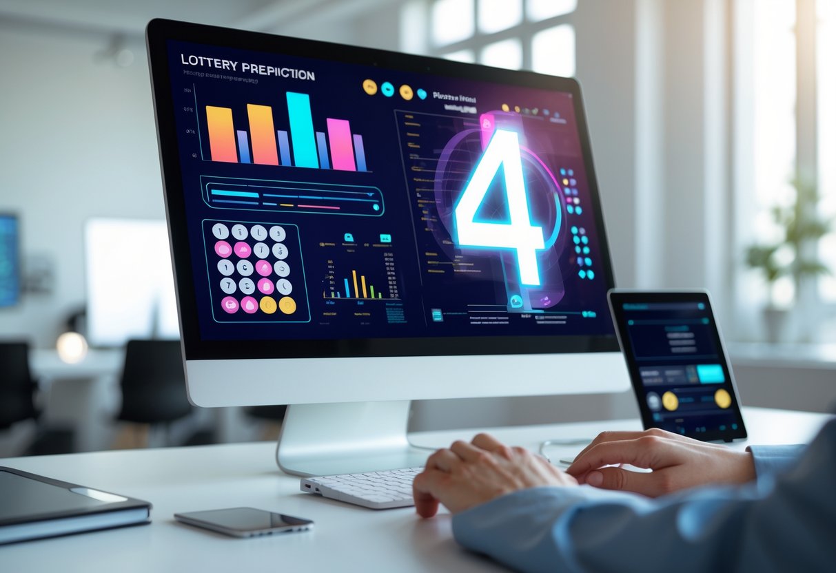 A person working at a desk with a computer showing colorful charts and numbers, focusing on data analysis and prediction.