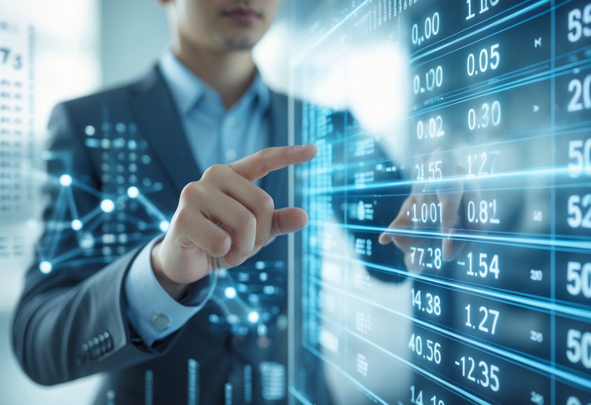 A person interacting with a transparent digital screen displaying glowing numbers and data points in a modern workspace.