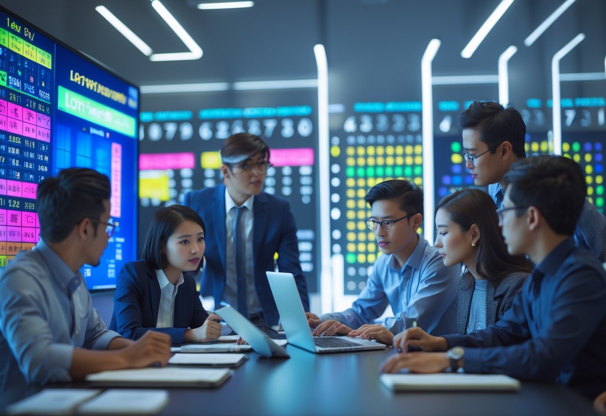 People working together in an office analyzing lottery number predictions on computer screens and charts.