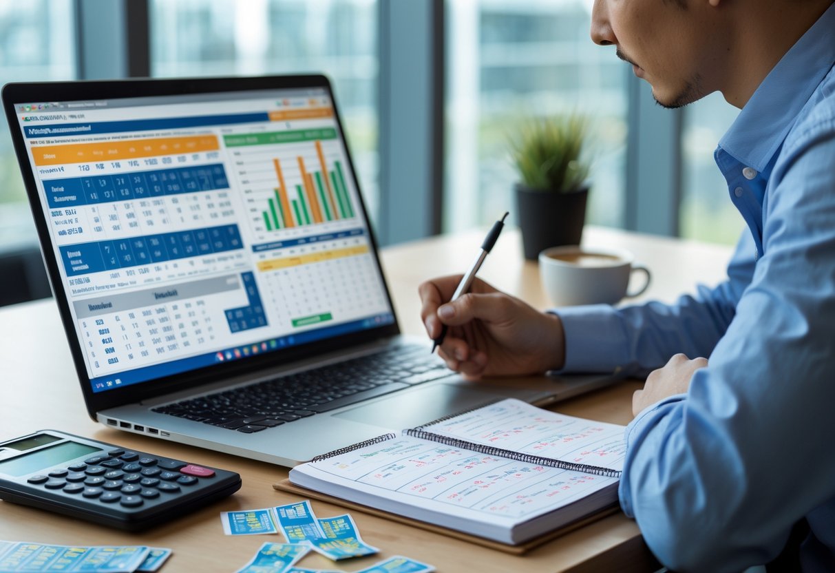 A person working at a desk with a laptop, notebook, and calculator, focusing on predicting lottery numbers.