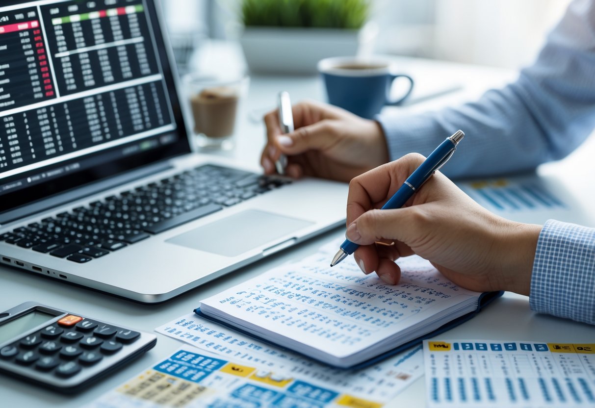 A person writing notes with a pen beside a laptop showing numerical data and charts on a desk with lottery tickets and a calculator.