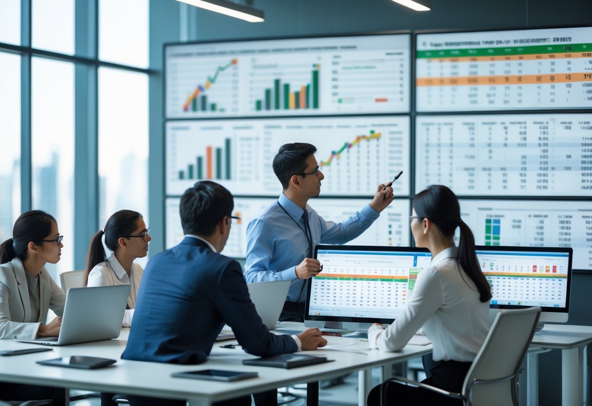 A group of people in an office analyzing charts and numbers on screens, collaborating and taking notes.