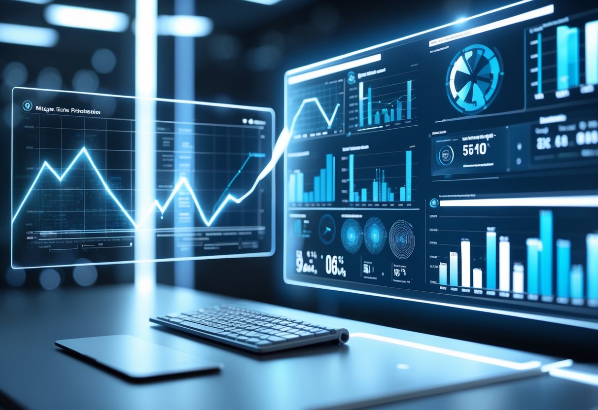 A futuristic digital interface showing complex 4D data visualizations and predictive analytics on a transparent holographic screen in a modern workspace.