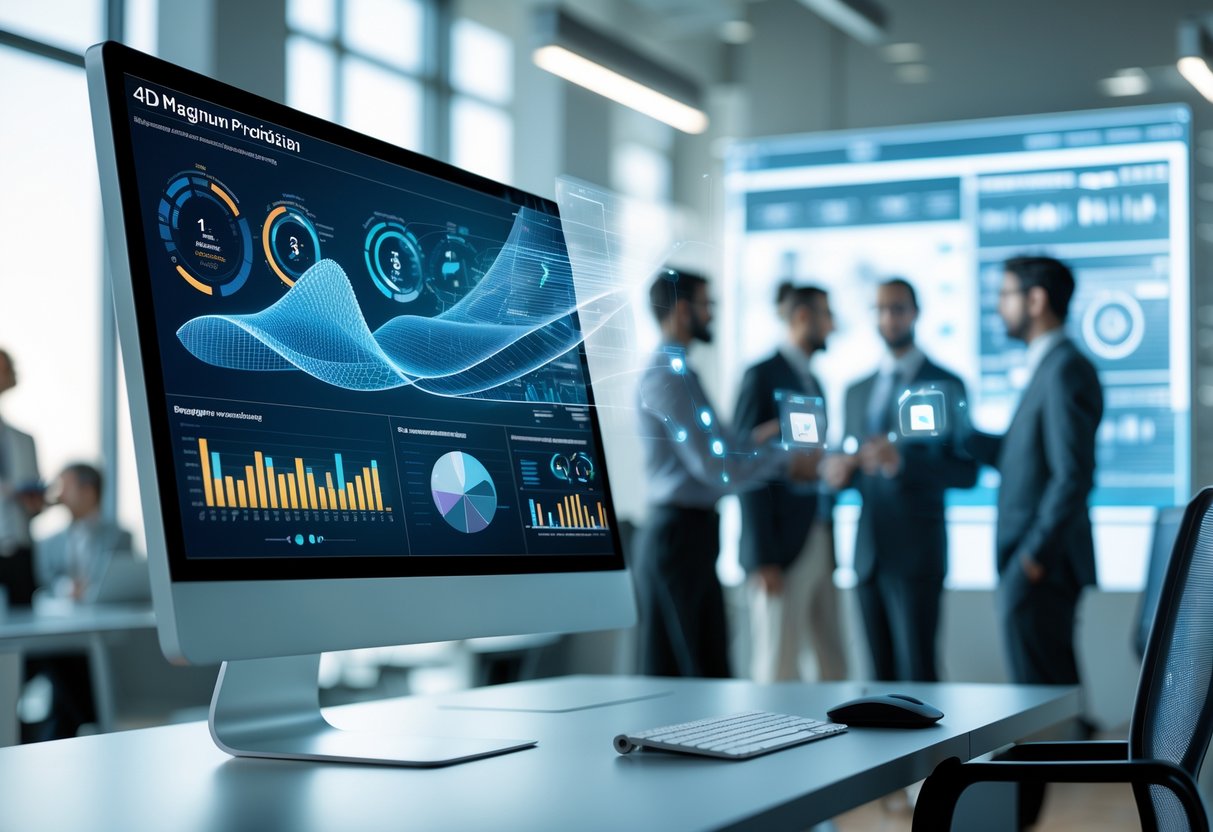 A modern office with professionals analyzing futuristic 3D and 4D data visualizations on computer and transparent screens.