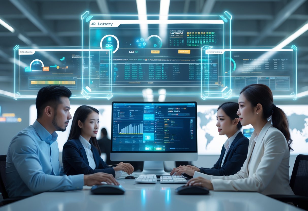 People working with futuristic transparent screens showing numerical data and charts in a modern office setting.