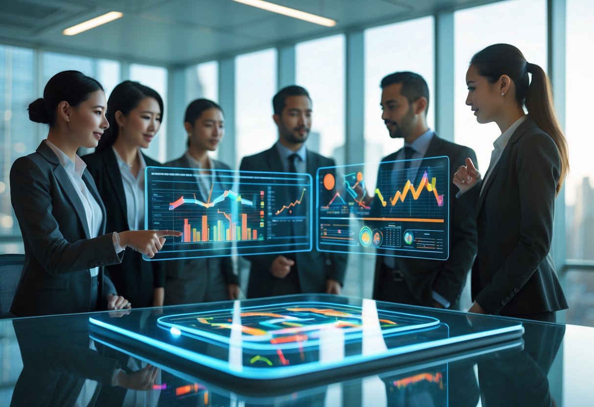 Business professionals in a modern office analyzing holographic data visualizations floating above a glass table.