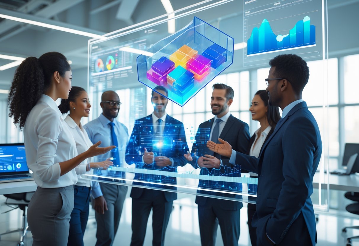A diverse group of professionals discussing complex 4D data visualizations on a transparent digital screen in a modern office.