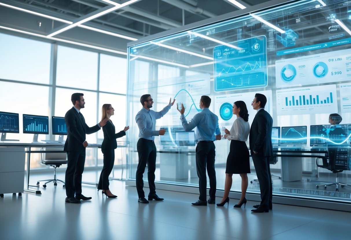A group of professionals working together around a digital screen showing 4D data visualizations in a modern office.