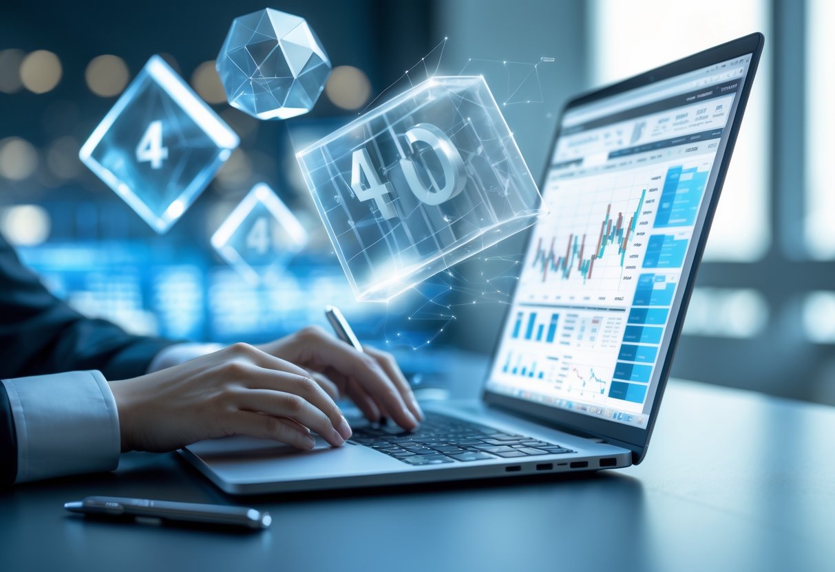 A person working on a laptop with floating 3D and 4D geometric shapes and numbers around, representing advanced calculations.