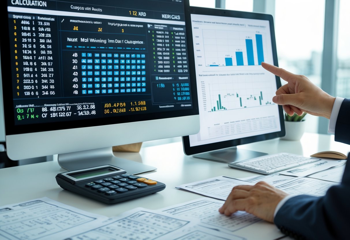 A person working at a desk with digital devices and papers showing numerical data and charts related to calculations.