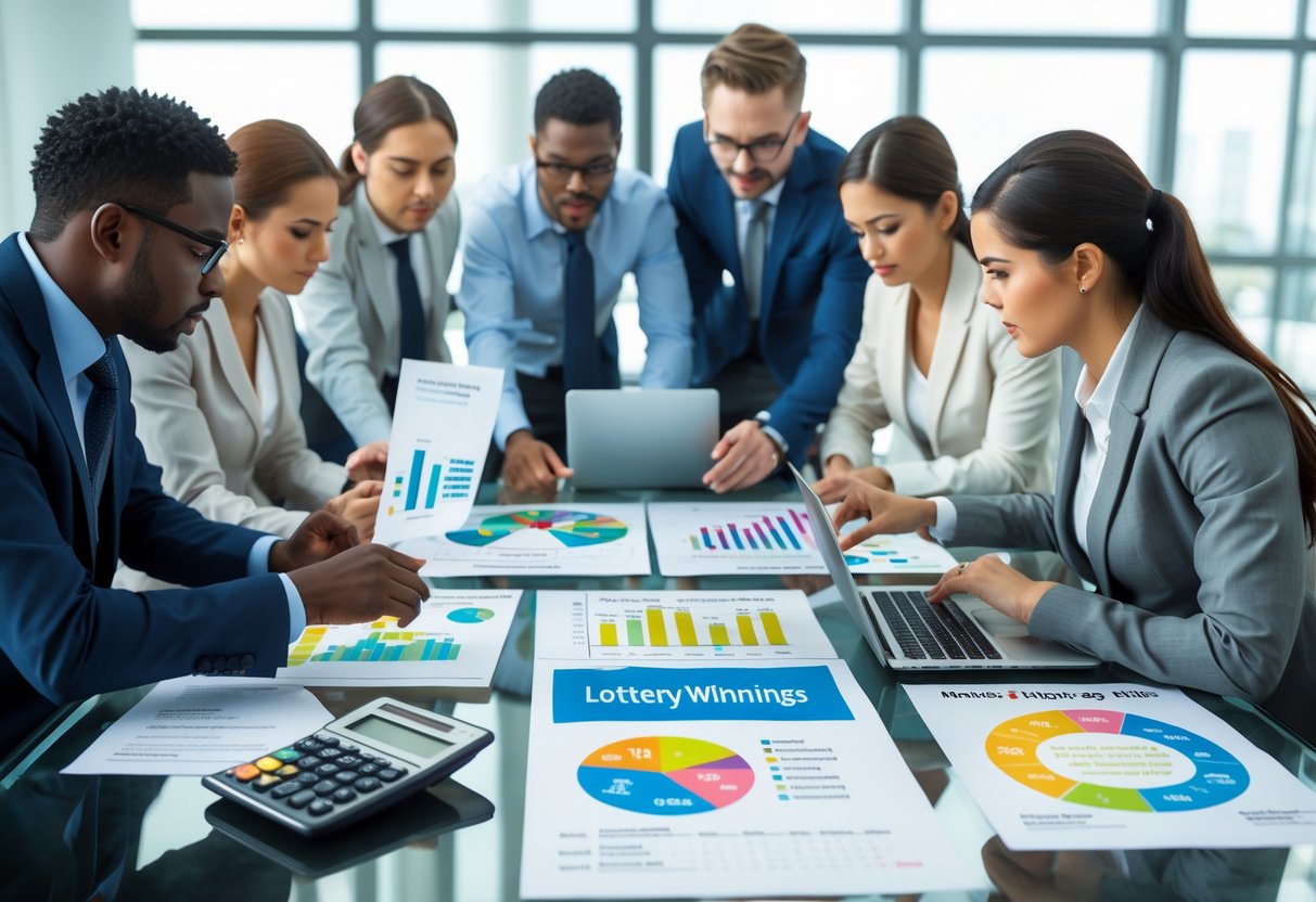 A group of professionals analyzing charts and data about lottery prize calculations around a glass table in a bright office.