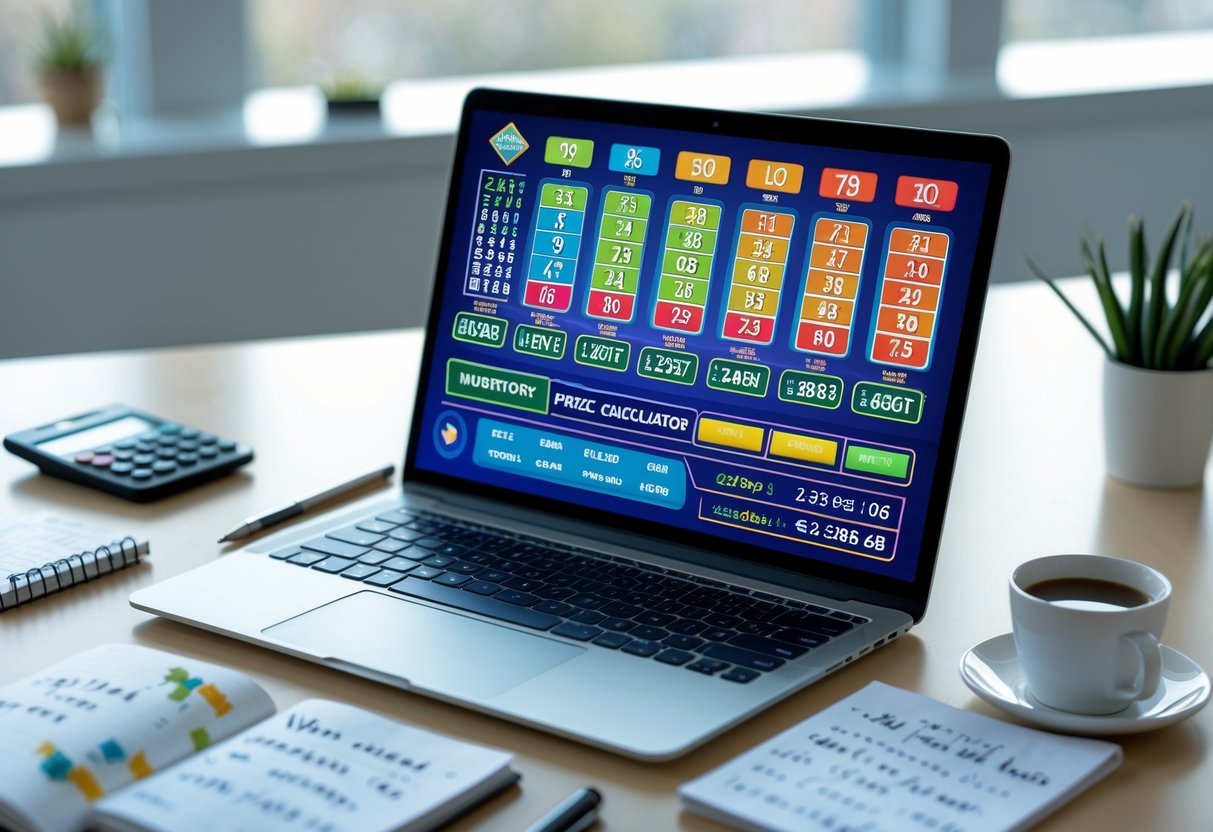 A laptop on a desk displaying a colorful lottery prize calculator interface surrounded by office supplies and a cup of coffee.