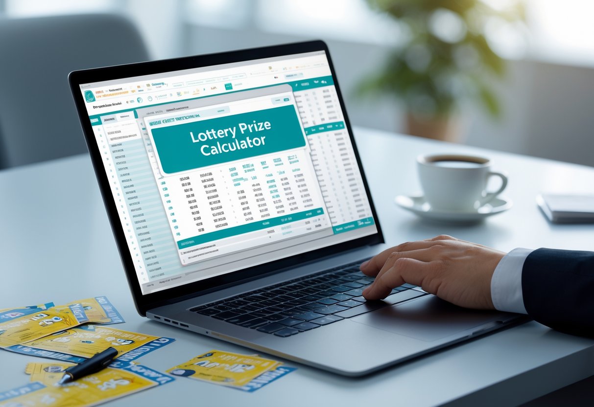 A workspace with a computer showing numerical data, lottery tickets, a pen, and a coffee cup on a desk.