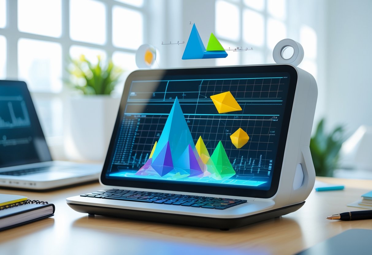 A modern calculator showing complex mathematical graphs and shapes on a desk in an office setting.