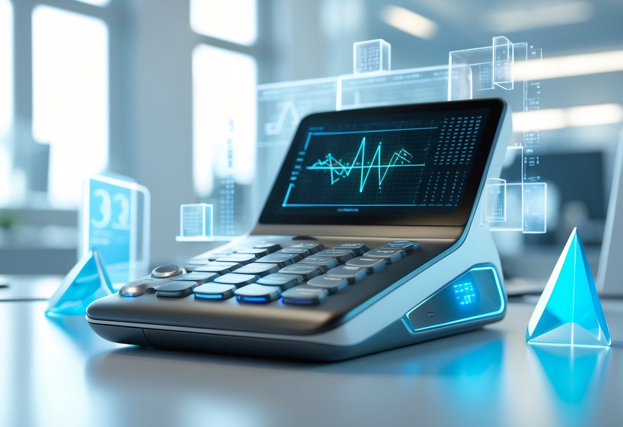 A modern calculator with glowing digital interface and holographic 3D shapes representing four-dimensional data in a bright office setting.