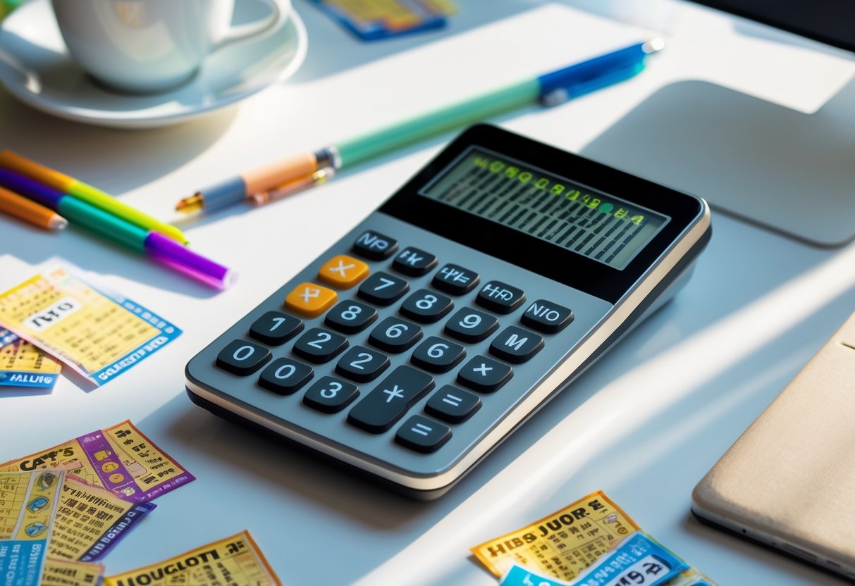 A calculator on a desk surrounded by lottery tickets and pens.