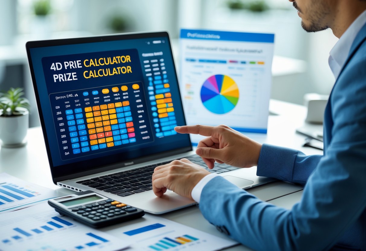 A person using a computer displaying numerical data and charts related to lottery prize calculations in a bright workspace.