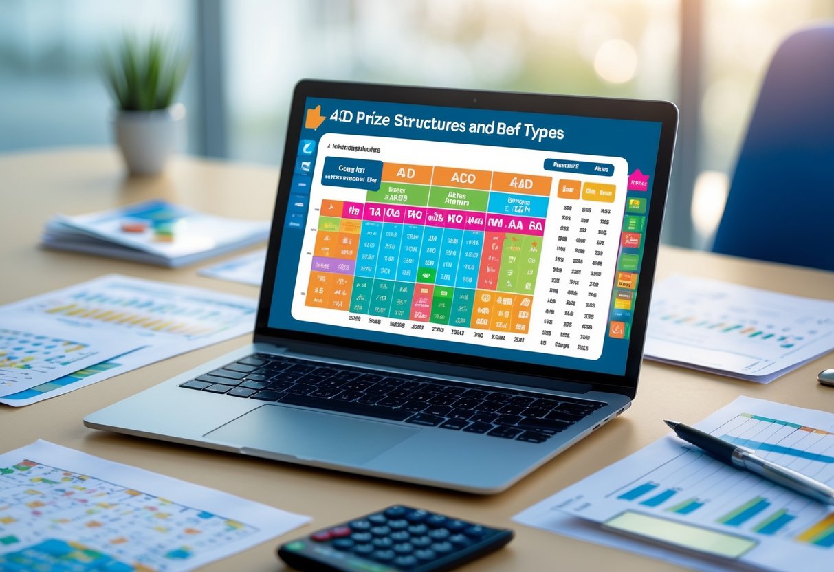 A workspace with a laptop showing charts and numbers, a calculator, and documents on a desk in an office setting.