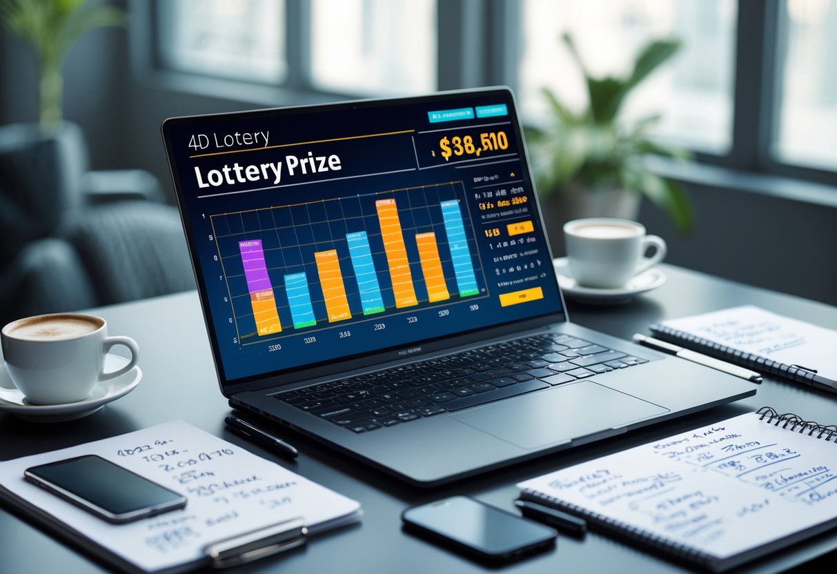 A laptop on a desk showing a colorful lottery prize calculator interface surrounded by office supplies in a bright workspace.