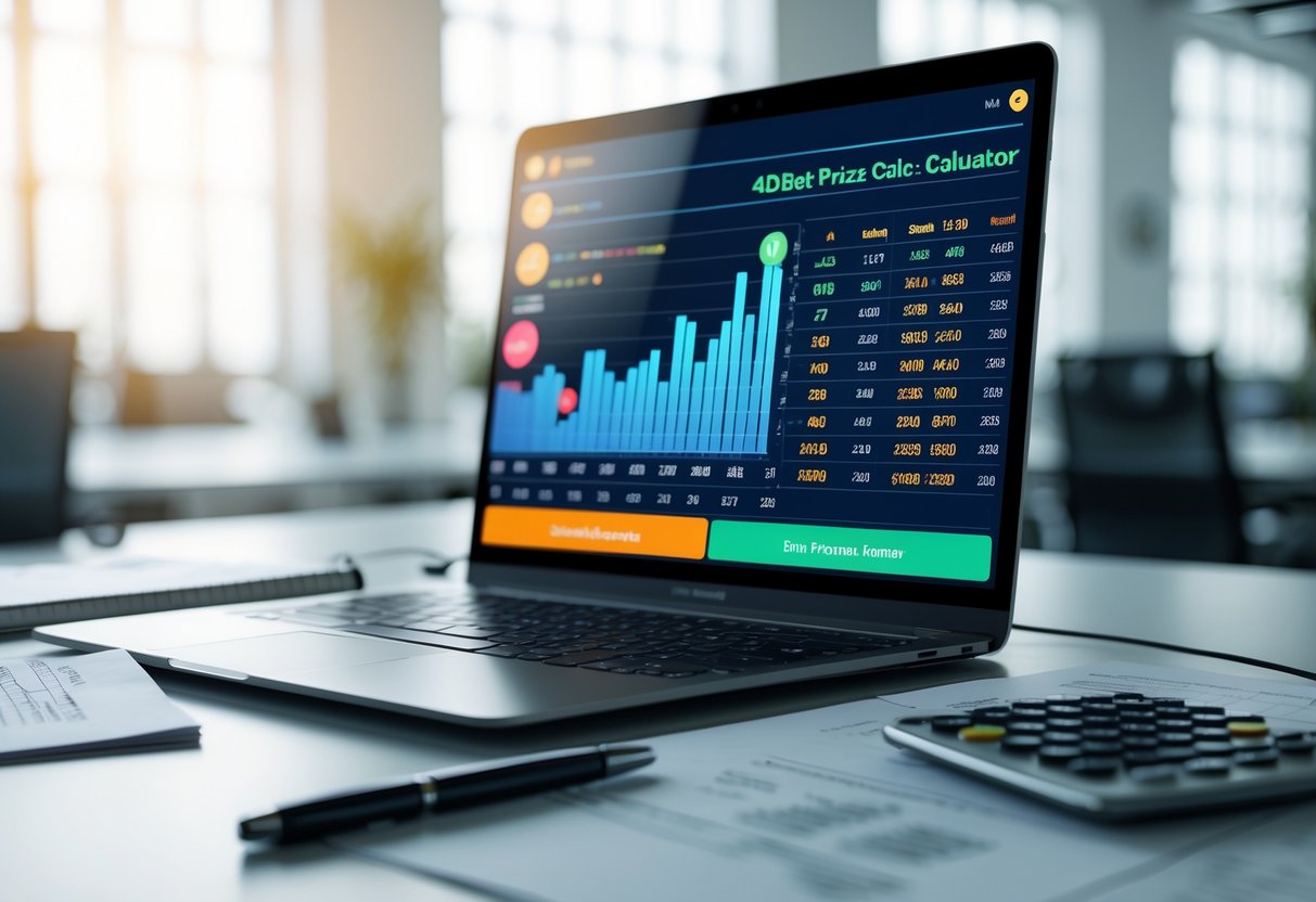 A laptop on a desk displaying a colorful digital interface with numbers and charts, surrounded by a calculator and notes in a bright office setting.