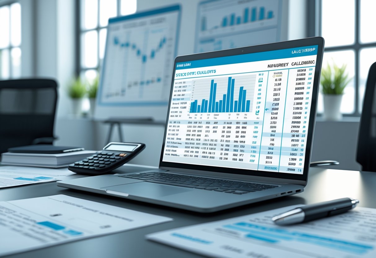 A person working at a desk with a laptop, calculator, and documents related to financial calculations in a bright office.