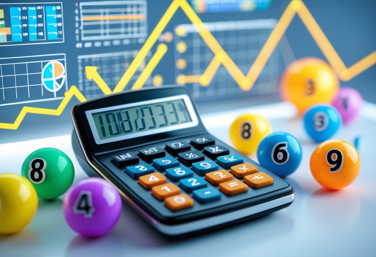 A calculator on a desk surrounded by colorful numbered lottery balls and abstract graphics representing calculations and prizes.