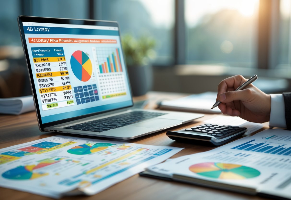 A desk with a laptop showing charts, a calculator, documents with numbers, and hands pointing at the screen, suggesting lottery prize analysis.