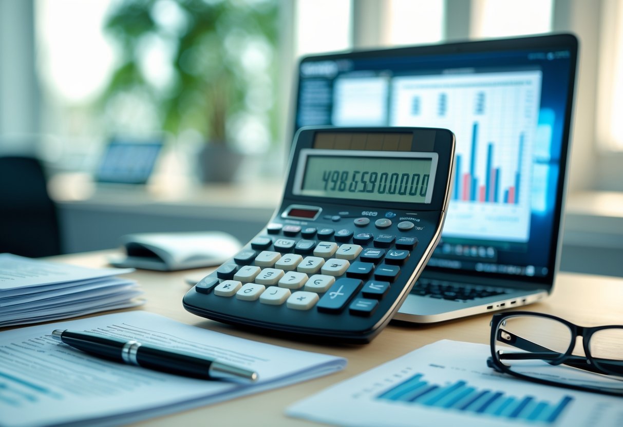A calculator on an office desk next to a laptop showing numerical data, surrounded by documents and office supplies.