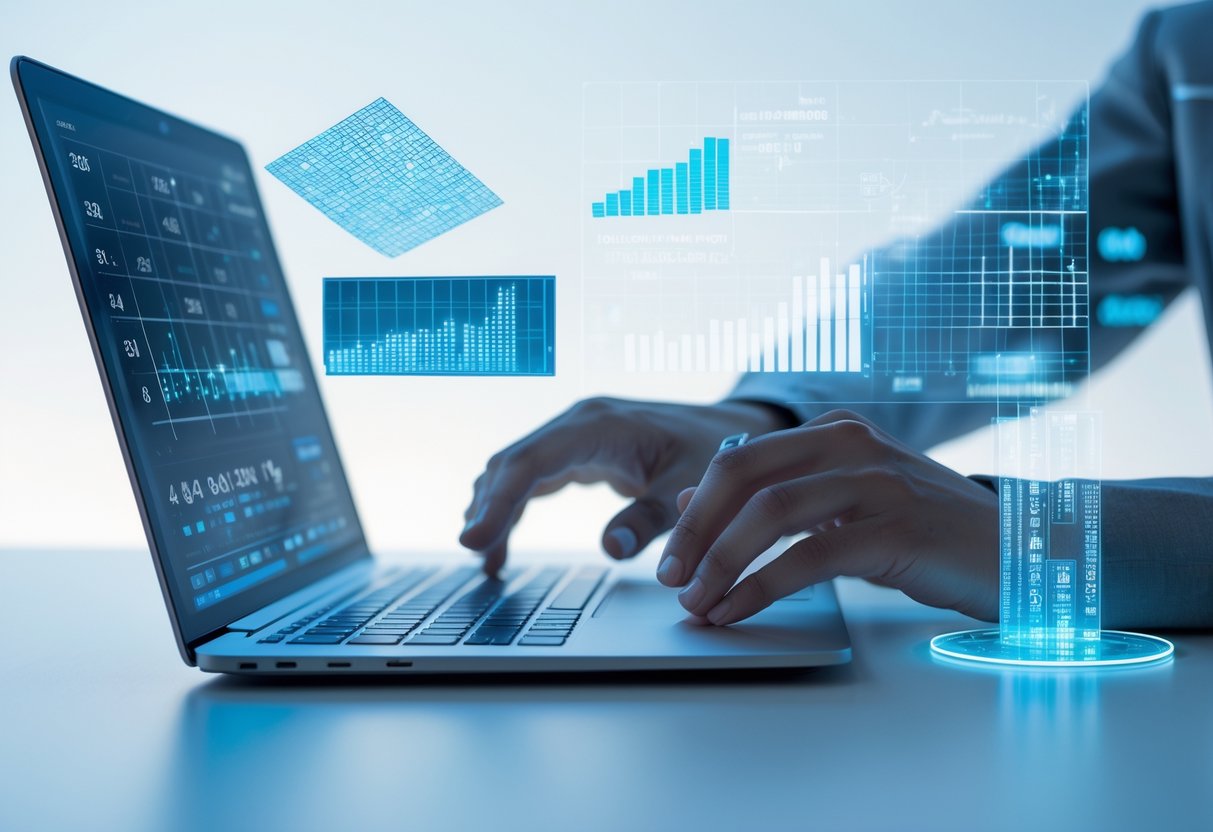 A person using a laptop and a transparent touchscreen interface displaying floating 4D data visuals in a modern workspace.