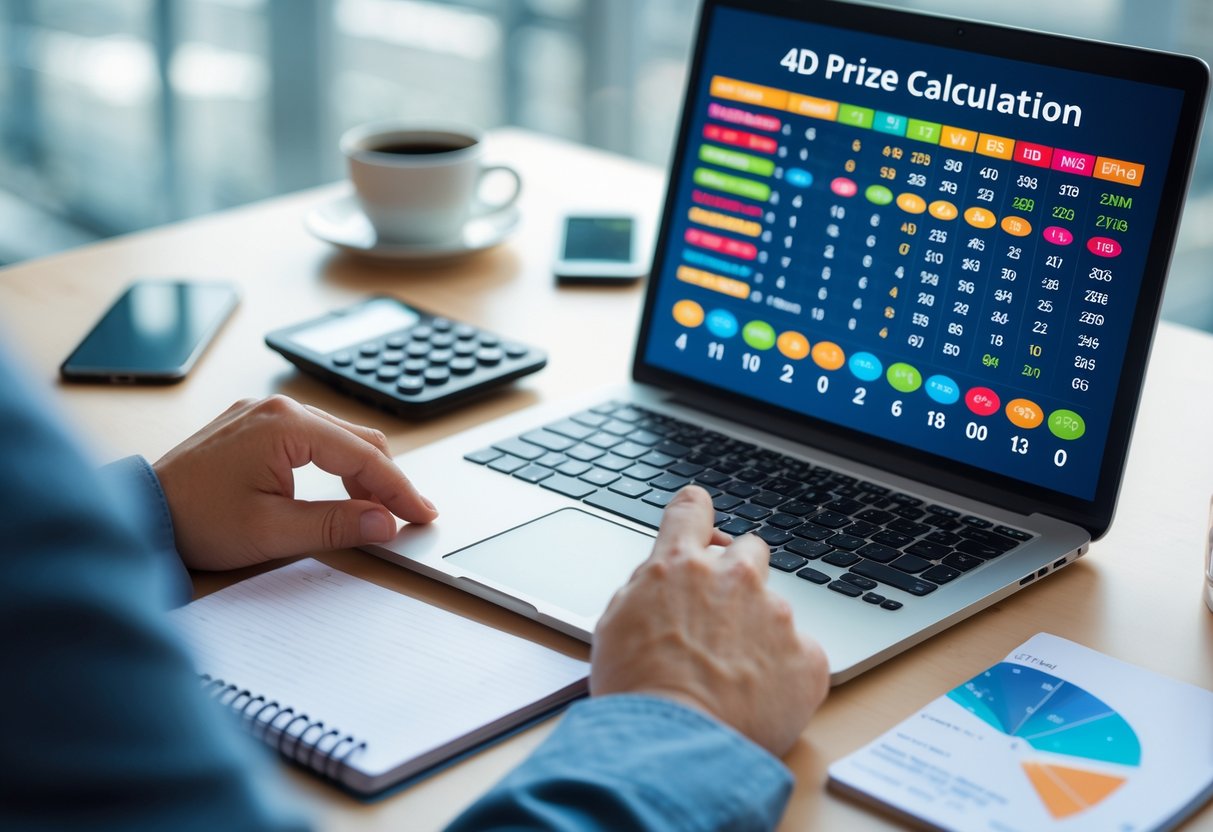 A person working at a desk using a calculator and laptop displaying charts and numbers related to prize calculation.