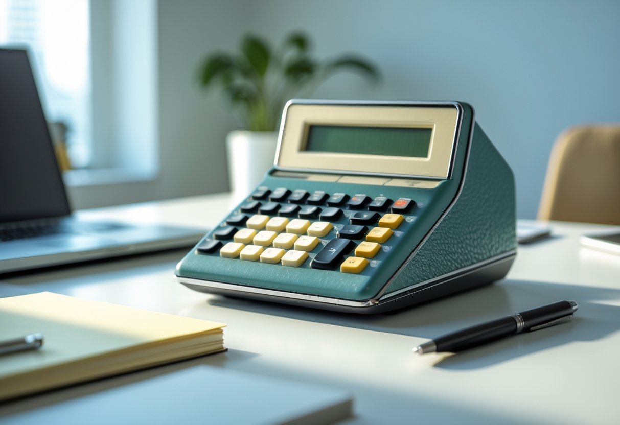 A vintage 4D system entry calculator on an office desk with a laptop, notepad, and pen nearby.