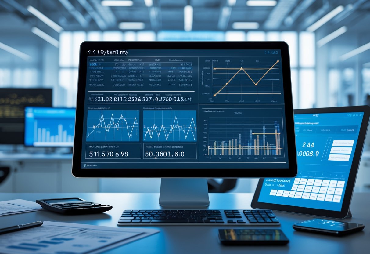 A modern workspace with a computer displaying numerical data and graphs, surrounded by technical documents and digital devices.