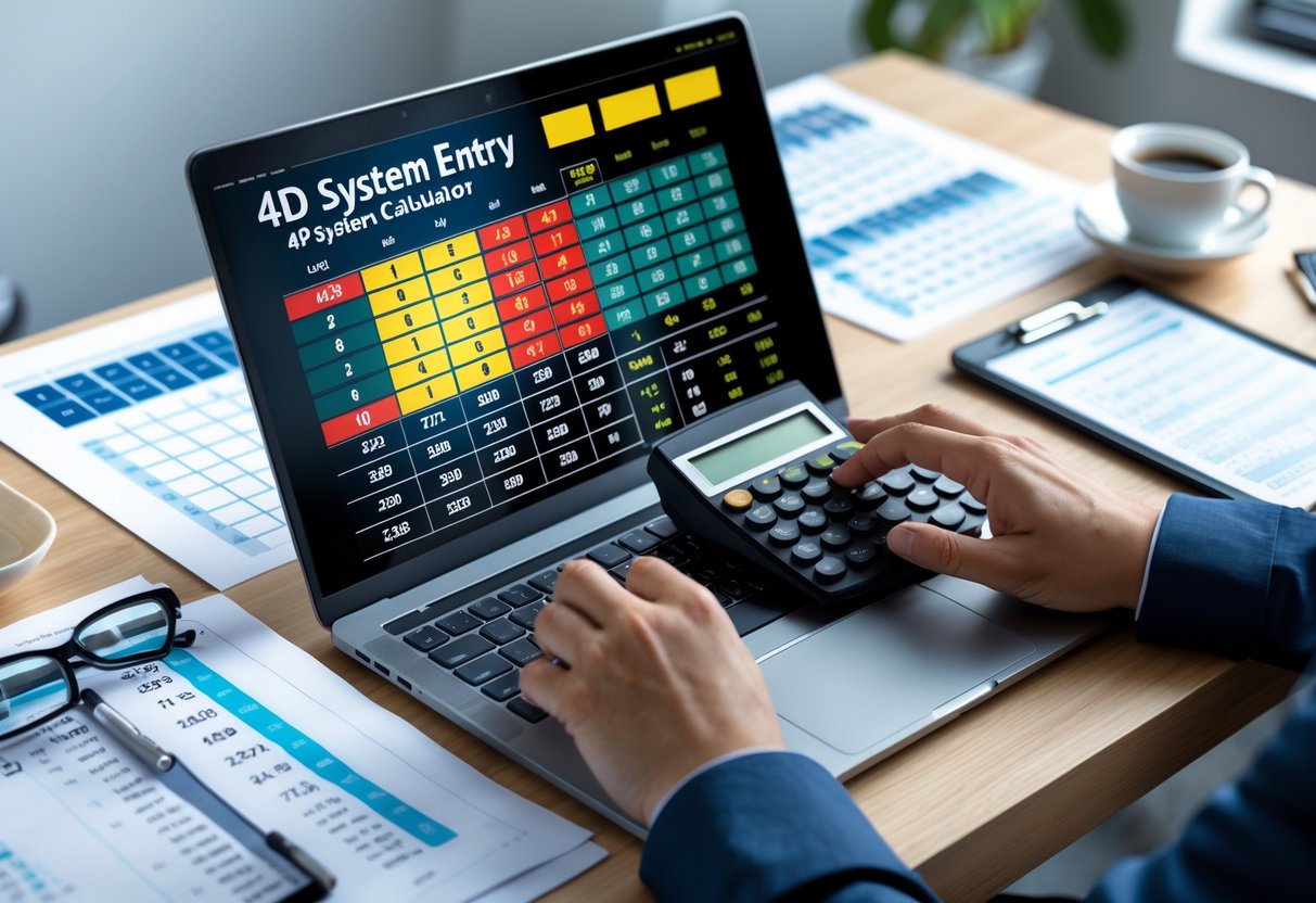 Hands using a laptop and calculator on a desk with charts and notes, showing someone working on numerical calculations.