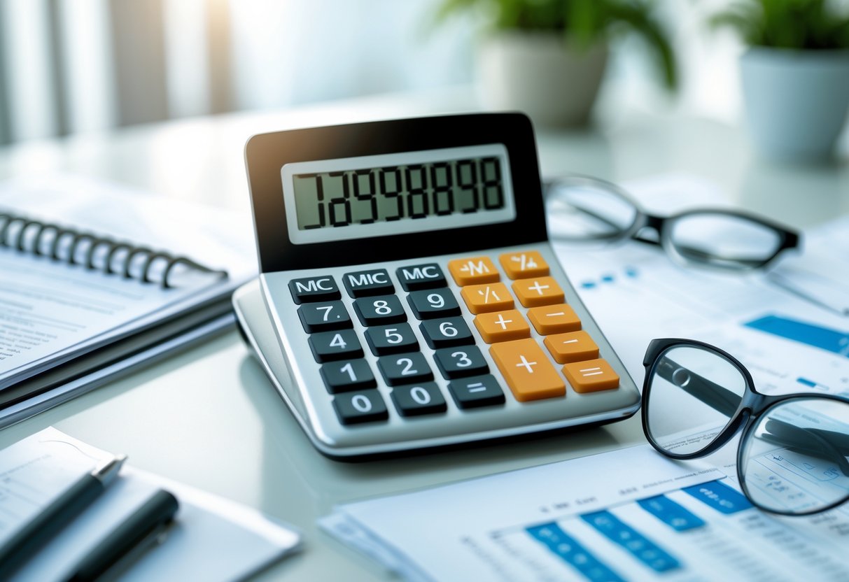 A calculator on a desk with documents and a pen, showing numbers related to prize calculation.